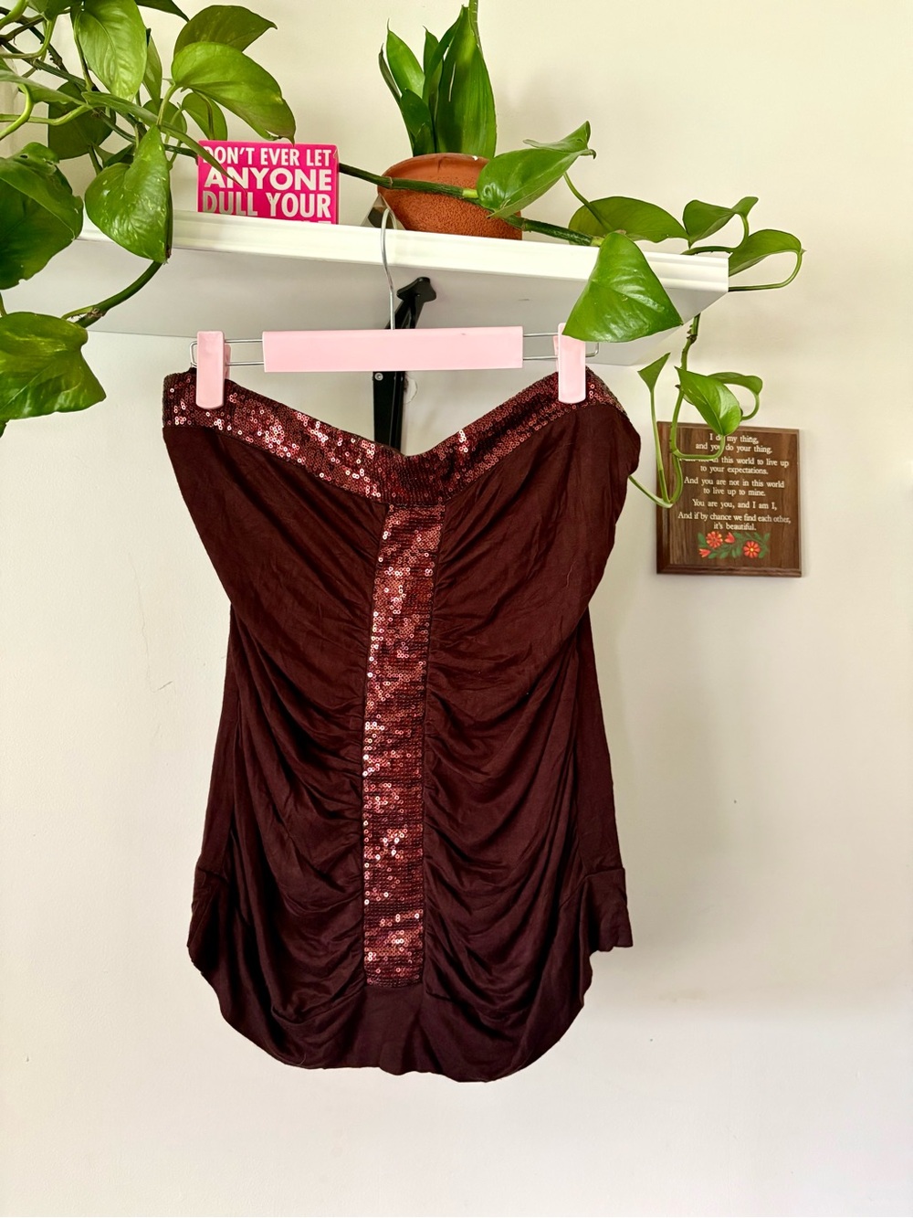 Urban Behavior Strapless Sequin Ruched Camisole - Burgundy